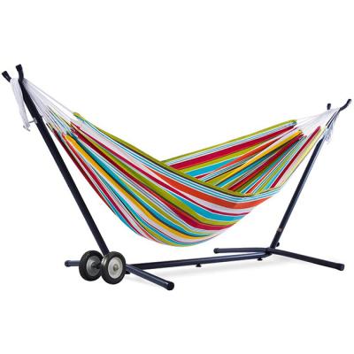 China Danlong Modern Wholesale 2 Person Heavy Duty Outside Portable Double Stripe Cotton Hammock Hammock With Wheel Stand for sale