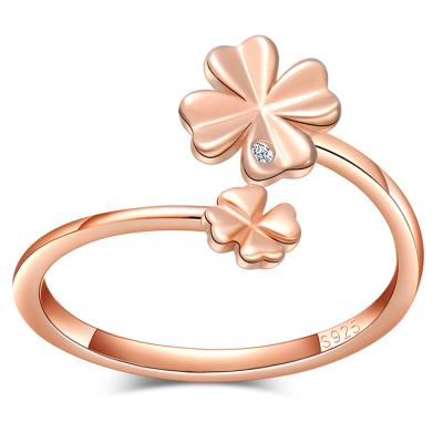 China Fashionable Lucky Clover S925 Sterling Silver Open Ring Zircon Ring Rose Gold Color Adjustable for sale