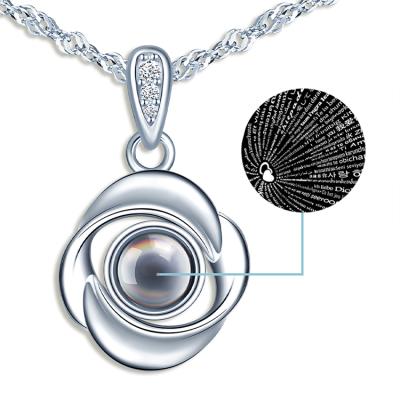 China TRENDY Hollow Necklace 999 Sterling Silver Zircon Buckle I Love You 100 Languages ​​Projection Necklace for sale