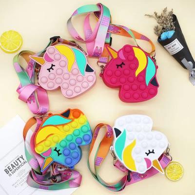 China Wholesale Eco-friendly Material Strap Unicorn Fidget Toys Coin Purses Mini Silicone Wallet Bags Kids Lanyard Case Push Bubble Pop Sensory Purse for sale