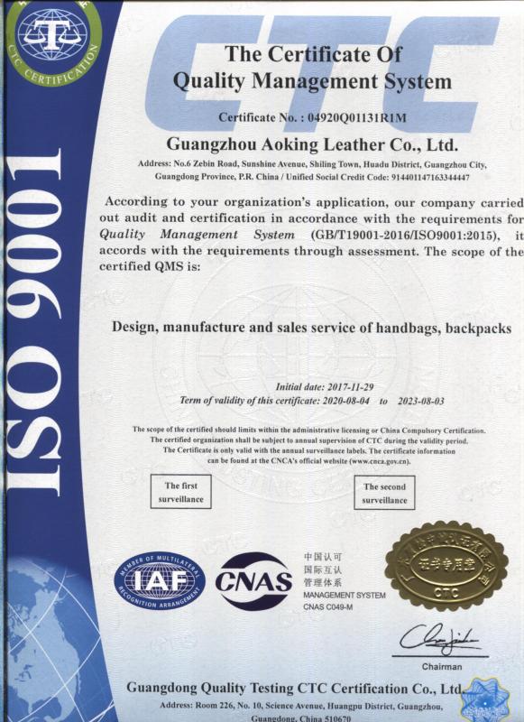 ISO9001 - Guangzhou Aoking Leather Co., Ltd.