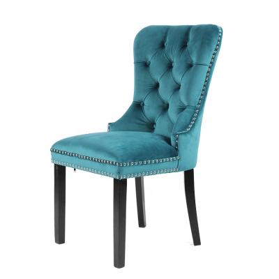 China American Style Furniture EMBELLISHED Wooden Blue Velvet Fabric Upholstered Wooden Dining Chair for sale