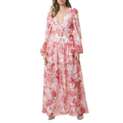 China 2021 anti-static new style V-neck puff sleeve rose flower printing fashion vintage dress with belt for sale