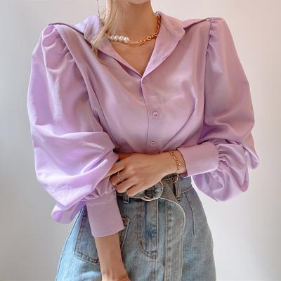 China Korean Chic Autumn Ladies Anti-pilling Spring And V-Neckline Button Solid Color Plus Size Puff Sleeve Women's Blouses Tops for sale