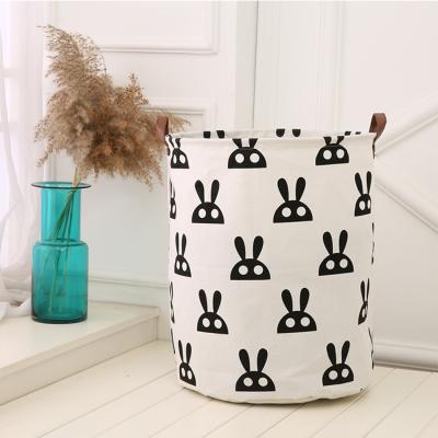 China Minimalist Round Carry Leather Handles Home Clothes Cloth Folding Canvas Laundry Basket for sale