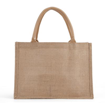 China Customized Simple Folding Natural Canvas Jute Shoulder Handbags Jute Shopping Bag for sale