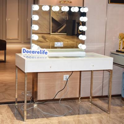 China Docarelife Glass Top Modern Dressers 2 Drawers Bedroom Storage Lighted Mirror Vanity Table With Stainless Legs for sale