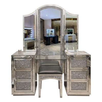 China Docarelife Lighted Home Decoration Mirrored Vanity Furniture Set Diamond Crushed Glass Mirrored Console Table for sale