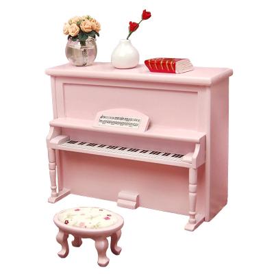 China Pink Color Wooden Mini Toy Iland Miniatures Dollhouse Musical Instrument Diorama Scene Mini Piano Stool Model HE005L for sale