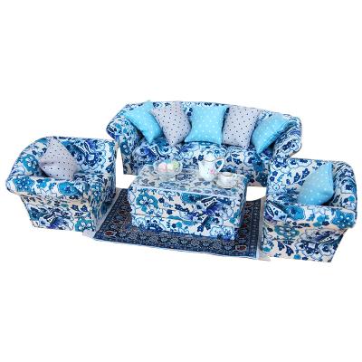 China Mini Toy Doll House Miniature Living Room Furniture Sofa Blue Floral WL068 for sale