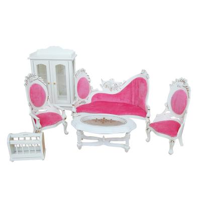 China Mini Toy Iland Miniatures Dollhouse Living Room Set/6 Wooden Sofa Chairs Table Cabinet Newspaper Stand for sale