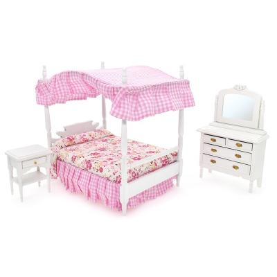 China Miniature 1:12 Mini Toy Dollhouse Furniture Bedroom Canopy Bed Dresser Bedside Cabinet for Doll Room Accessories for sale