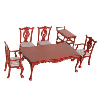 China art & Dollhouse Collectible Mini Dining Table & Dining Chair Set/6 Dining Table & Chairs Red Color JK1501 for sale