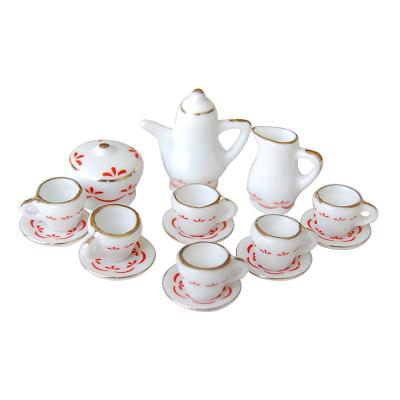 China 15pcs Mini Toy Dollhouse Miniature Tableware Ceramic Tea Set with Gold/Red Flower DC021 for sale