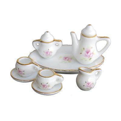 China Mini Toy Iland Miniatres Dollhouse Miniature Tableware Ceramic 8 PCs Tea Set With Gold/Flower DC049 for sale