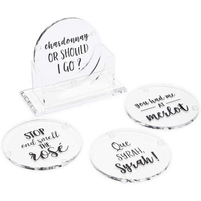 China Viable Clear Acrylic Coasters with Stand and Wine Puns (4 inch, 4 pack) for sale