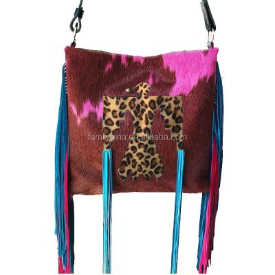 China Cowhide Serape Women Personalized Tramp Plush Fringe Faux Fur Leopard Fringe Cowhide Bag for sale