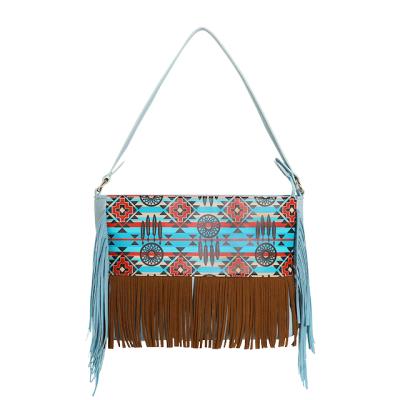 China Western Personalized Zipper Women Leather Tassels Turquoise Suede Western Fringe Tote Bag for sale