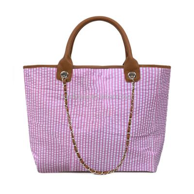 China Wholesale Custom Monogrammed Women's Cotton Seersucker Striped Tote Bag With Chain for sale