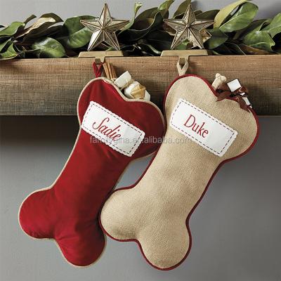 China Dog Bone Dog Bone Stocking Gift Bag Bone Decoration Burlap Dog Christmas Hanging Stocking for sale