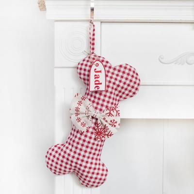 China Wholesale Custom Christmas Personalized Christmas Decorations Gingham Dog Bone Christmas Stocking for sale