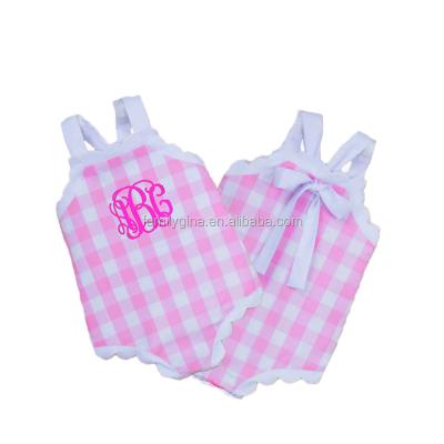 China Wholesale Breathable Summer Cotton Seersucker Sleeveless Toddler Swimsuit Notched Edges Baby Swimwear for sale