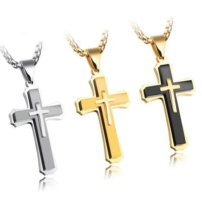 China Religion Fashion Multilayer Cross Christ Jesus Pendant Necklace For Men Stainless Steel Cross Necklace for sale