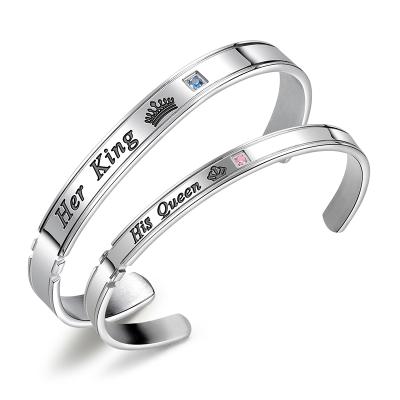 China New Design Stainless Steel Simple Jewelry His King His Queen Couple Bracelet Bangle for sale