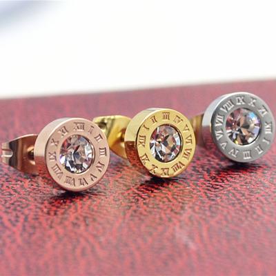 China New Simple Design Fashion Zircon Stud Earrings Good Quality Stainless Steel Roman Numerals Earring for sale