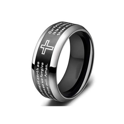 China Black Lords Ring 8mm Stainless Steel Religious Men's Prayer Ring With Christian Scripture Cross Praying for sale