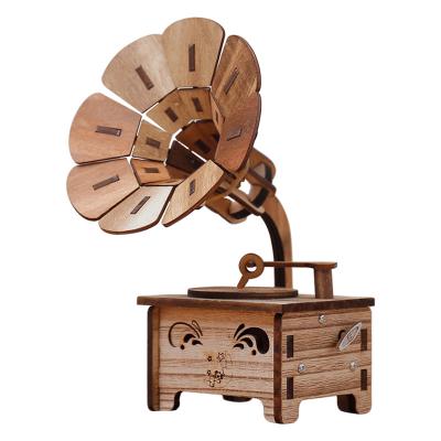 China Gifts E-commerce Goods Wind Up Automatic DIY Wooden Phonograph Music Box Crank for sale