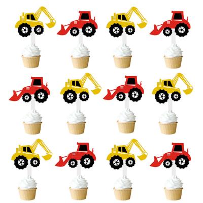 China Truck paper excavator construction party themed cake inserts kids birthday party flag dessert table decoration stickers for sale