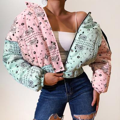 China Women Female Winter Jacket Nibber W21G00008 Patchwork Print Nibber W21G00008 Zipper Street Style Hidden Zipper Stand Collar Hooded Padded Coat for sale