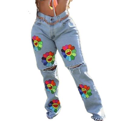 China Nibber QUICK DRY W21P05580 Autumn New Embroidered Sunflower Pattern ripped street straight women's pants high waist casual women's trousers for sale