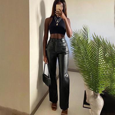 China Nibber Vintage Faux Leather Vintage Luxurious Custom Made Leisure Wholesale Women's Straight Nibber Pants K20P09560 Office Trousers QUICK DRY for sale