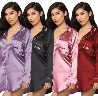 China Breathable PJ Nightgown Oversized Satin Nightgown Side Slip Button Pijamas Lounge Wear Allure Women Long Sleeve Silk Pajamas Set Women's Sleepwear for sale