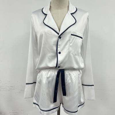 China Breathable Custom Simple Color Women's Oversized Piping Short Pajamas Set Satin Button Luxury PAJAMAS for sale