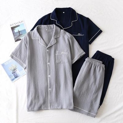 Китай Custom Solid Color Crepe Cotton Short Sleeve Shirt Shorts Men's Pajamas Breathable Pajamas Couples Sleepwear продается