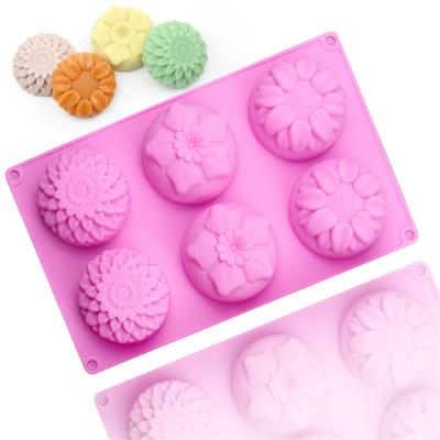 China Sustainable Food Grade Muffin Cake Molds Reusable 6 Hole Sunflower Shaped Pudding Dessert Silicone Cake Molds for sale