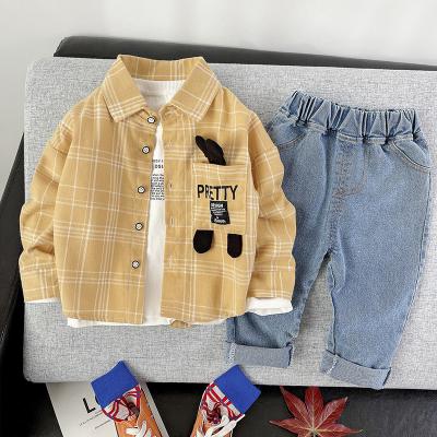 China New Year 2022 smart casual patchwork stripe grid long sleeve button down shirt and casual sports jeans pants fashion kid boy casual clothes for sale