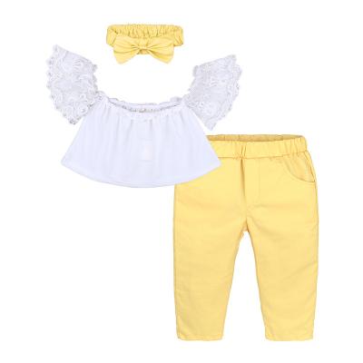 China Hot Selling Amazon Girls Butterfly Shoulder Length Hot Anti-Shrink Lace Short Sleeve Top and Leggings Bow Hair Tie 3 Piece Set for sale