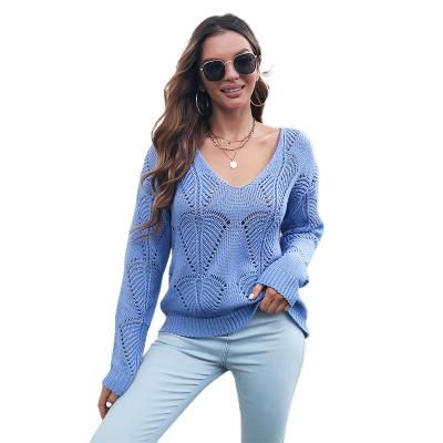 China Wholesale Breathable 2022 Autumn and Winter Fashion Elegant V-neck Hollow Ladies Tops Solid Color Korean Knitted Women's Version Sweaters for sale