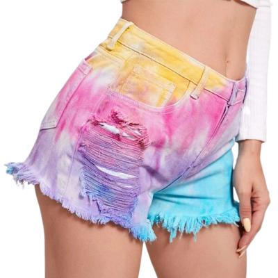 China Spring and Summer Fashion Breathable Wholesale New Trend Tie Dye Fringed Feet High Waisted Loose Ripped Women Jeans Shorts for sale