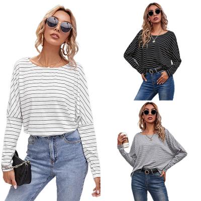 China 2022 Autumn Spring Breathable Wholesale Striped Crewneck Sweater Top Women Sheath Long T-shirts for sale