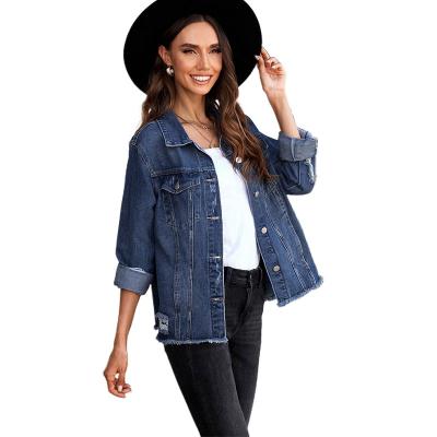 China Breathable 2022 spring and autumn new fashion coat for women washed short tops long sleeve ripped women's denim jacket for sale