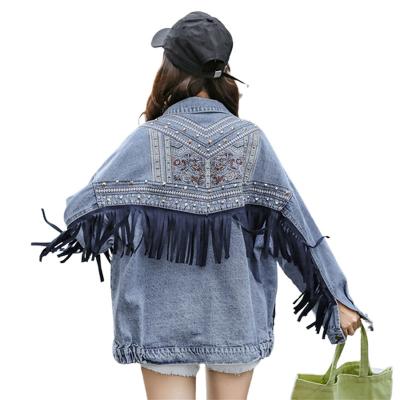 China New 2022 autumn and winter heavy industry embroidery tassel fashion street denim breathable tops for women's loose women's denim jacket for sale