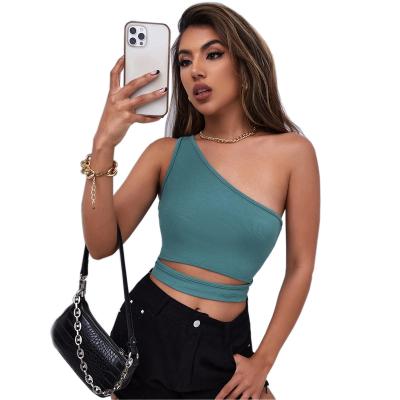 China 2022 Summer CSI One Shoulder Viable Fashion T-shirt Sleeveless Knitted Navel Crop Tops Women's Tank Tops for sale