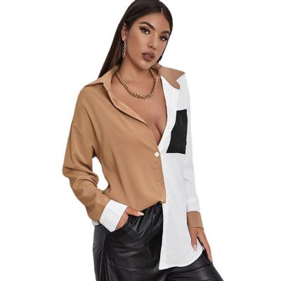 China Spring And Autumn New Products Splicing Contrast Color Ladies Fashion Ladies Fashion Long Sleeve Top Elegant Casual Deep V Anti-pilling Blouse for sale