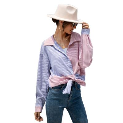 China 2022 Breathable/Summer Wholesale Spring Fashion Casual Quilting Contrast Color Striped Women's Blouses Shirts for sale