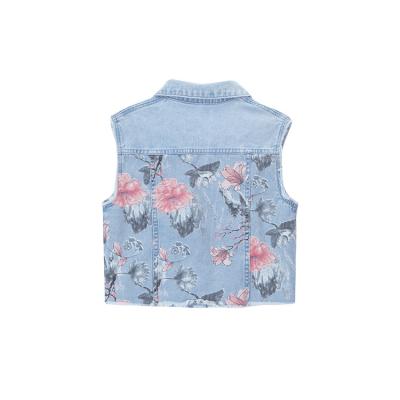 China High quality fashion newest light blue vest women turn down collar raw edge printing women denim vest for sale